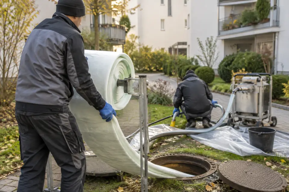 Vorbereitung eines harzgetränkten Sanierungsschlauchs an einem geöffneten Revisionsschacht