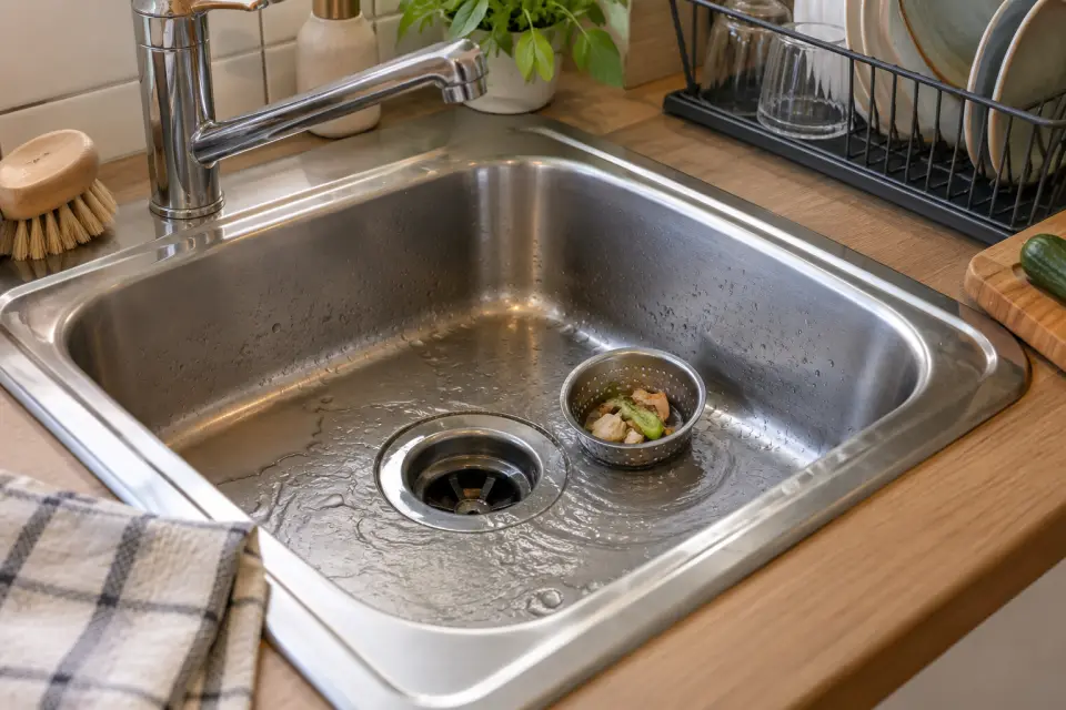 Küchenspüle mit langsam ablaufendem Wasser und einem herausgenommenen Abflusssieb